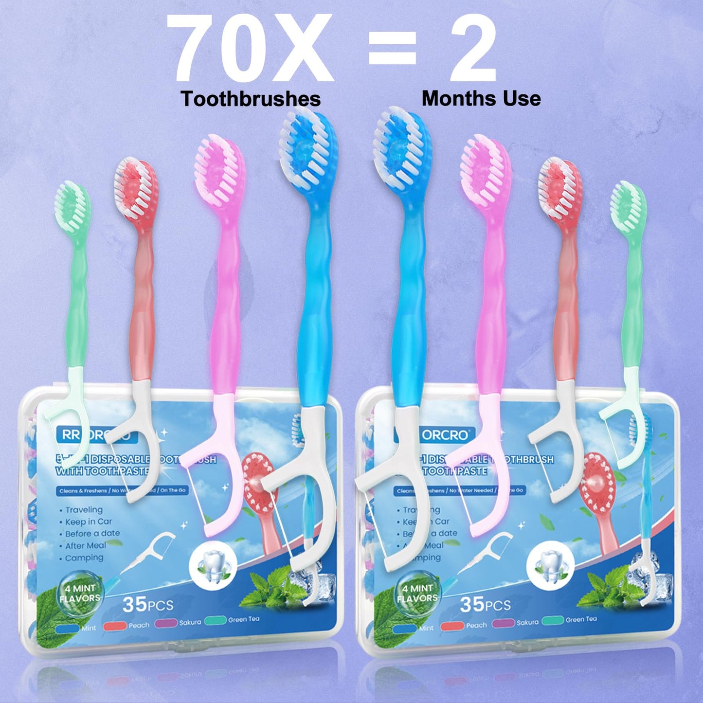 70Pack Mini Disposable Toothbrushes 5-in-1 Portable Pre-Pasted Travel Toothbrush with Toothpaste Tongue Scraper Floss Pick Individually Wrapped Small Prepasted Travel Toothbrush for Kids Adults