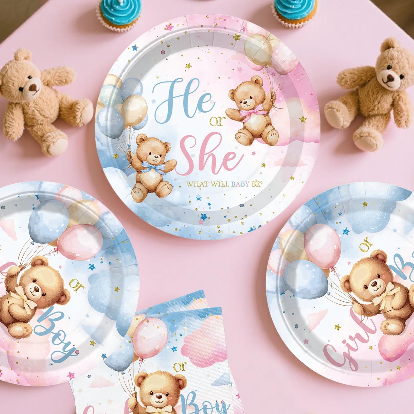 cocomigo 232pcs Bear Gender Reveal Decorations Complete Party Set, Serves 20 Guests, He or She Baby Gender Reveal Decorations, Boy or Girl Revelacion de Sexo de Bebe