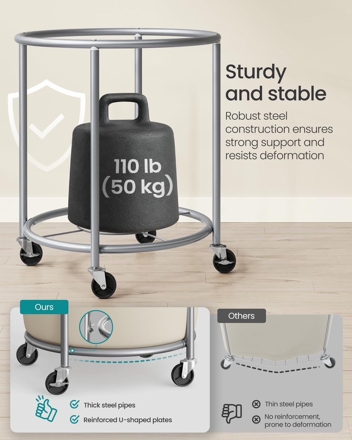 SONGMICS 50.2-Gallon (190 L) Laundry Basket with Wheels, Rolling Round Heavy-Duty Laundry Hamper Cart with Steel Frame and Removable Bag, 2 Locking Wheels, Coffee Brown and Cream White URLS001KQ02