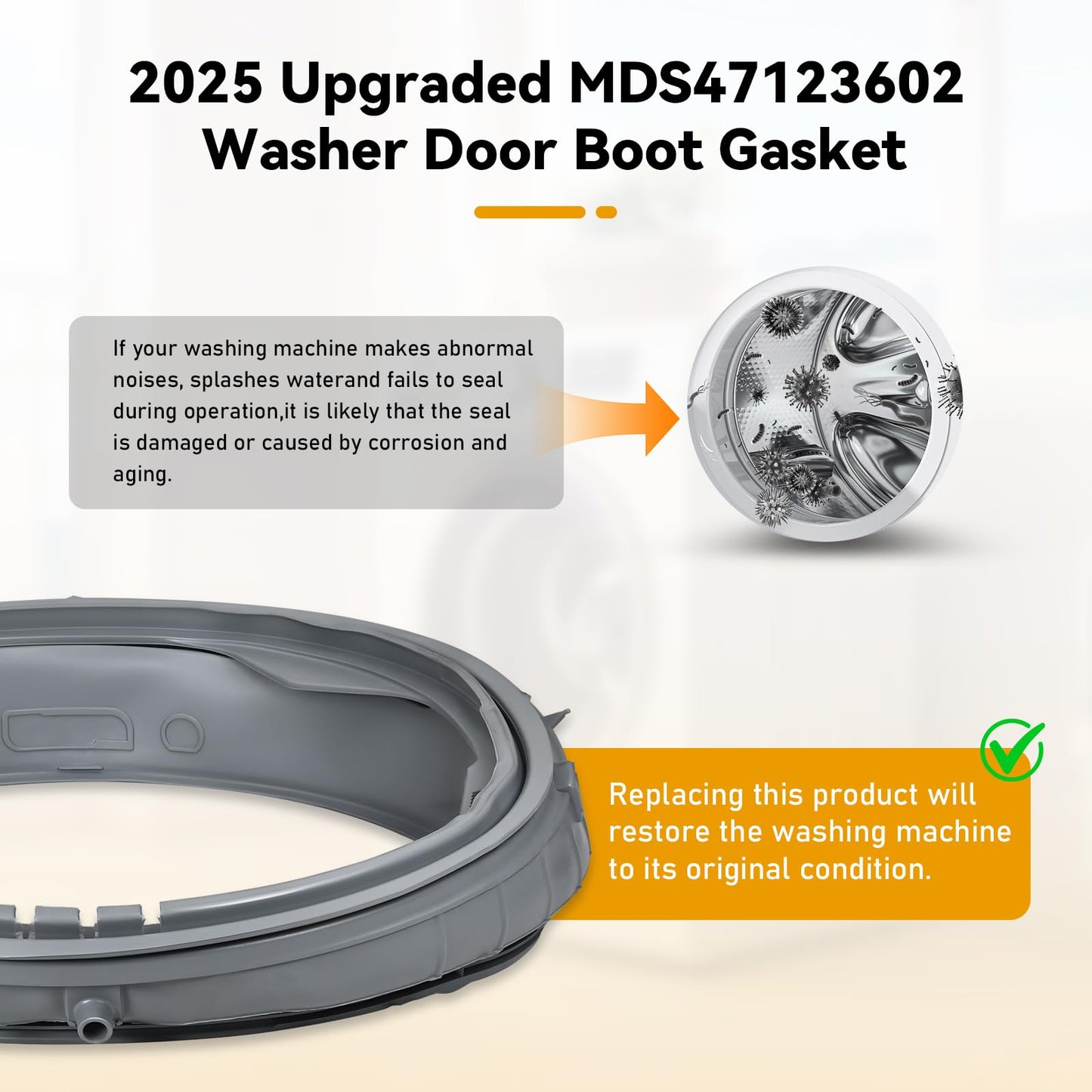 2025 Upgraded MDS65736915 PS12748962 Washer Door Boot Gasket Replace 4964148 AP6983043, Compatible with LG Washer Boot Gasket WM3600HVA, WM3500CW,WM3700HWA, WM3700HVA, WM3700HRA etc. (Gray)