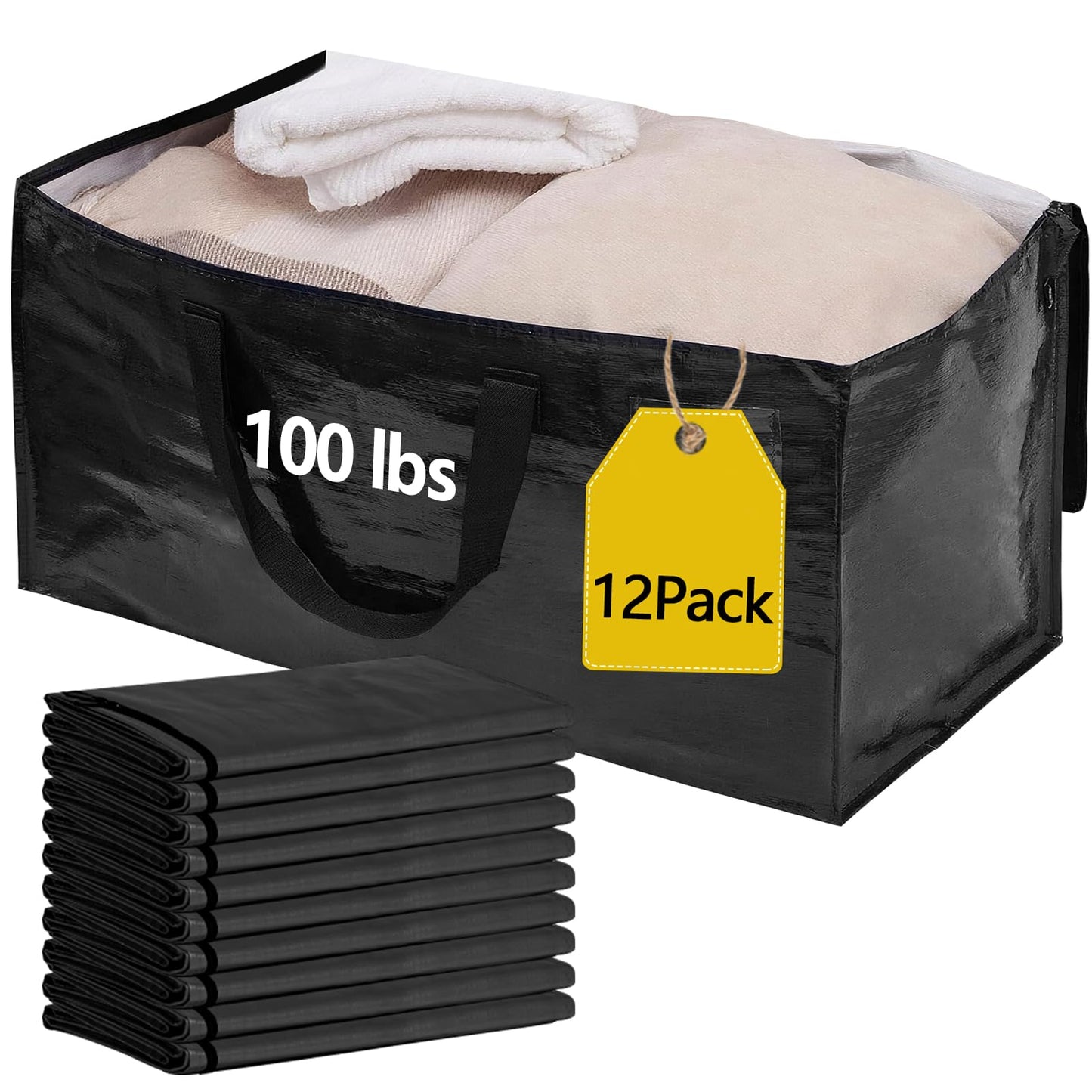 12 Pack Waterproof Moving Bags with Strong Zippers and Reinforced Handles, Real 100lb Capacity Extra Heavy Duty Large Storage Totes for Packing & Moving Storing, Alternative to Moving Boxes -95L,Black