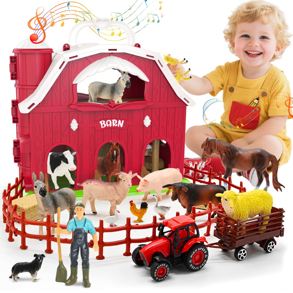 Red Barn Toys for Toddlers 1-3, Farm Animal Figures Playset with Tractor for 2 3 4 5 Year Old Kids, Musical Preschool Montessori STEM Learning Toys, Christmas Birthday Easter Gift for Boys Girls