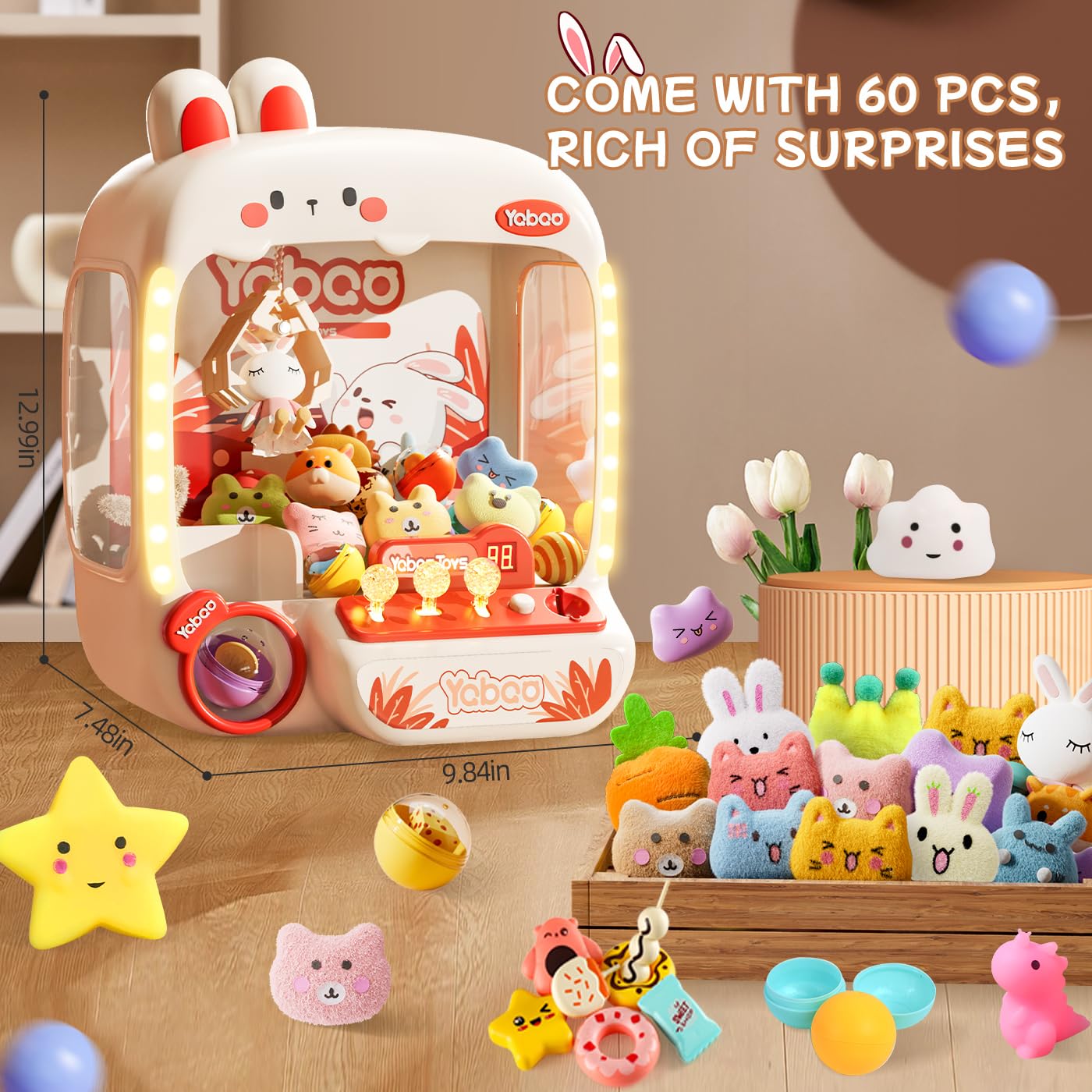 Vanvimen 64 PCS Bunny Claw Machine for Kids Girls,Vending Machine Toys with Sound Lights,Candy and Prize Electronic Dispenser Game Ages 3-4 4-8,Easter Birthday Party Gift for 3 4 5 6 Year Old Girls
