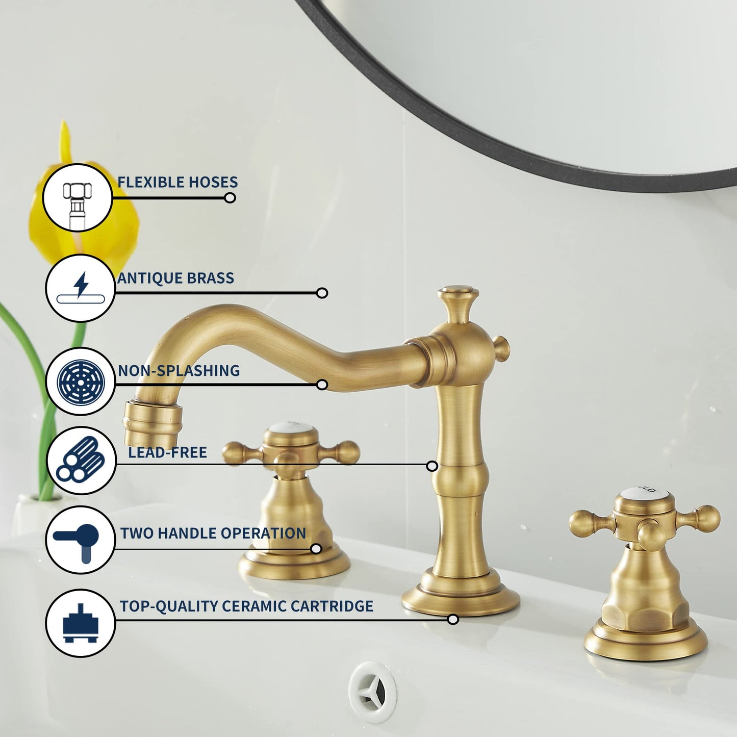 GGStudy 2 Handles 3 Holes Faucet Widespread Bathroom Sink Faucet Antique Brass Basin Tap Mixer Supply Hose Included Matching Metal Pop Up Drain