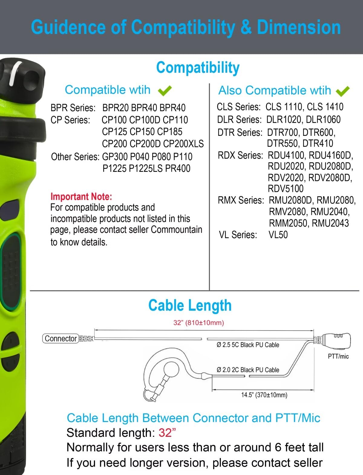 commountain CP200D CLS1410 Earpiece with PTT/Mic for Motorola Walkie Talkies Radios R2 CLS1110 CP100D CP200 CP185 BPR40 BPR40D DTR700 RDU4100 RDU4160D RMU2040 RMU2080D CLS CP, G Earhook Headset-5 Pack
