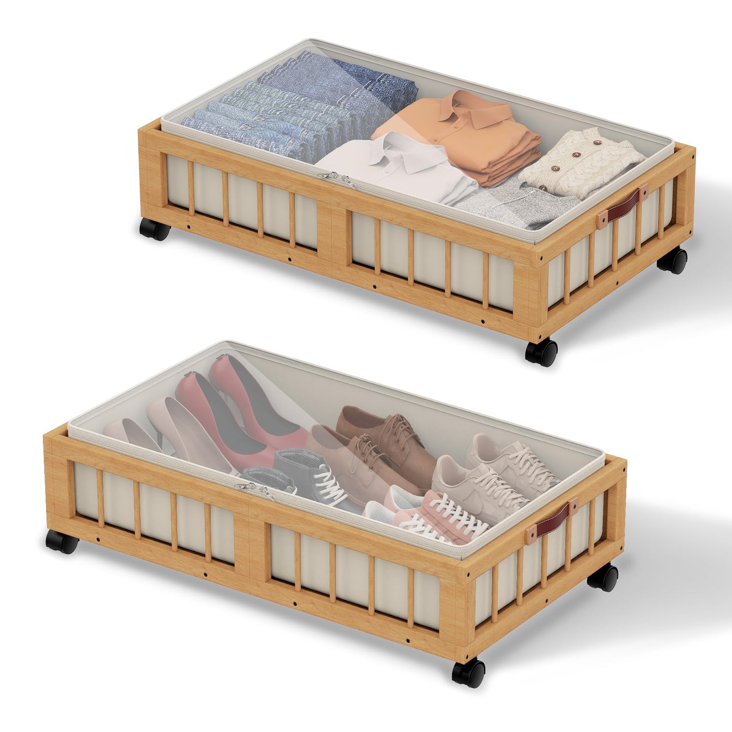efluky 2-Pack Bamboo Under Bed Storage Containers with Wheels, Under Bed Clothes Storage Basket with Large Dust Bag, Rolling UnderBed Storage for Bedroom, Dorm and Basement, Nature