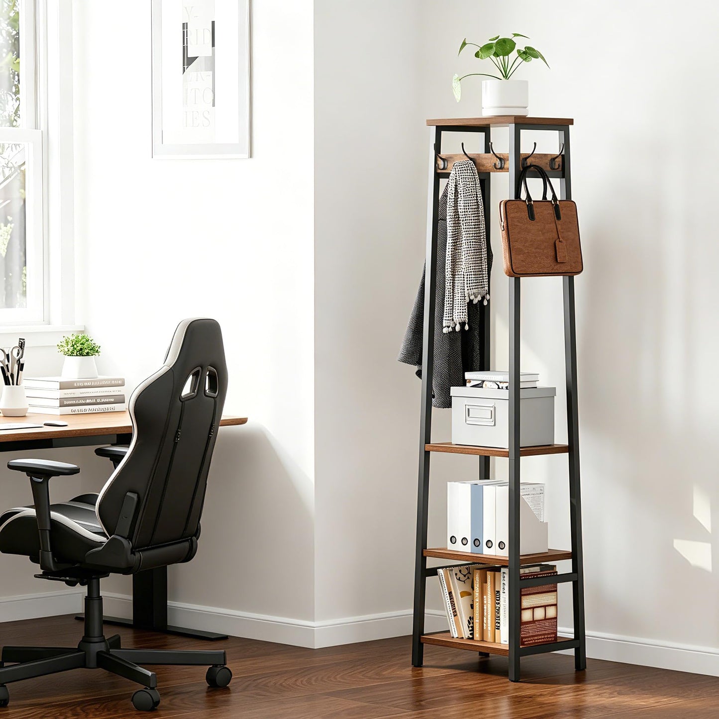 Cerlyunzan Coat Rack Freestanding, Coat Stand with 3 Shelves and 7 Hooks, Hall Tree Free Standing, Clothes Rack Stand Organizer, Industrial Style, Rustic Brown and Black