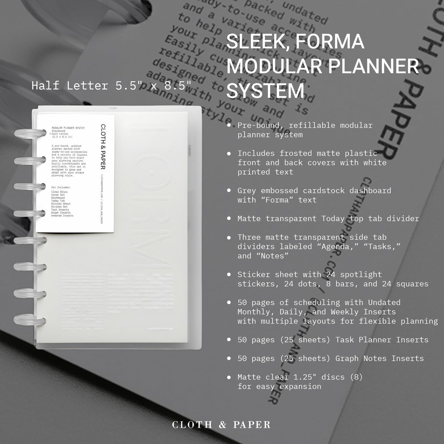 Cloth & Paper FORMA Modular Planner System – Premium Discbound Half Letter Undated Planner with Clear Discs, Covers, Dividers, Today Tab, Stickers & Inserts – Customizable Refillable Planning Organizer