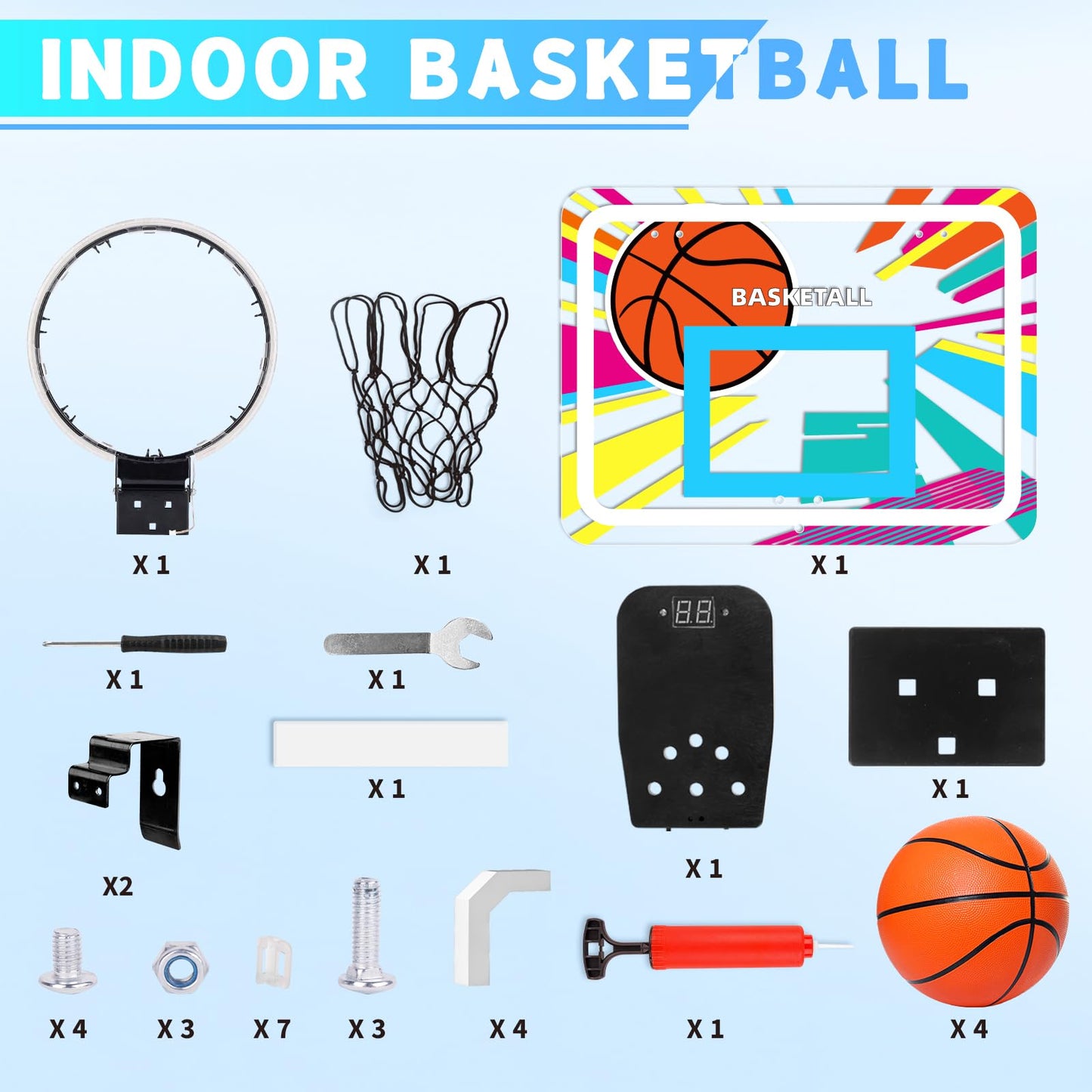 Indoor Basketball Hoop for Kids, Over The Door Basketball Hoop with Scoreboard, Foldable Breakaway Rim & 4 Balls, Mini Hoop Door Room Goal, Basketball Toys Gifts for 4-12 Year Old Boys Girls Teens