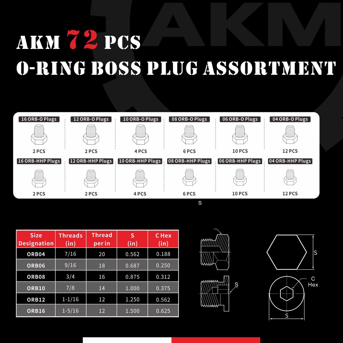 AKM 72 Pcs ORB Plug Kit Hose Tube and Pipe O-RING BOSS Fitting Set Hydraulic Plug Kit Galvanized 45# Steel with Precision Threading Dash Sizes -04-06 -08-10 -12-16