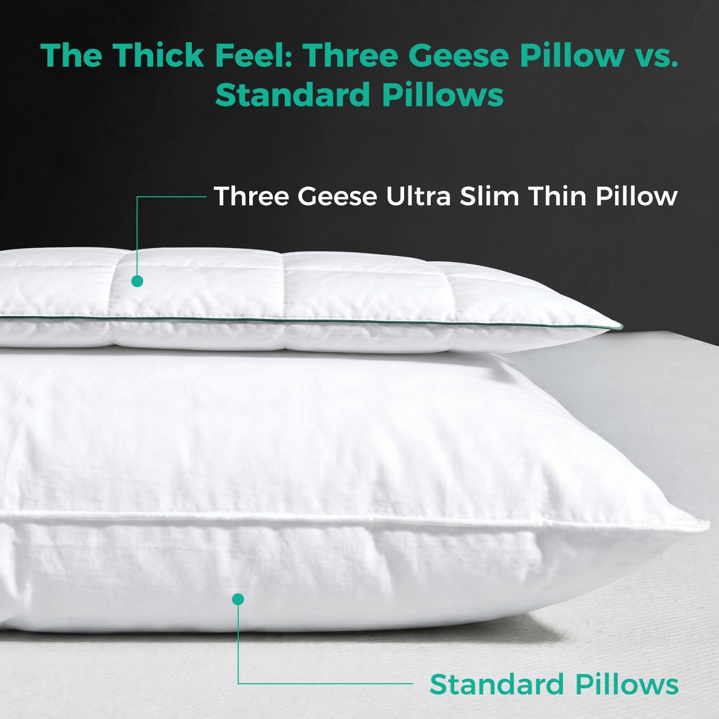 Three Geese Ultra Thin Flat Goose Down Feather Pillows for Sleeping Standard Size, 2.5" Height, 100% Cotton Cover, Ultra Slim Hotel Collection Bed Pillow for Stomach, Back Sleeper, 18x26 in.