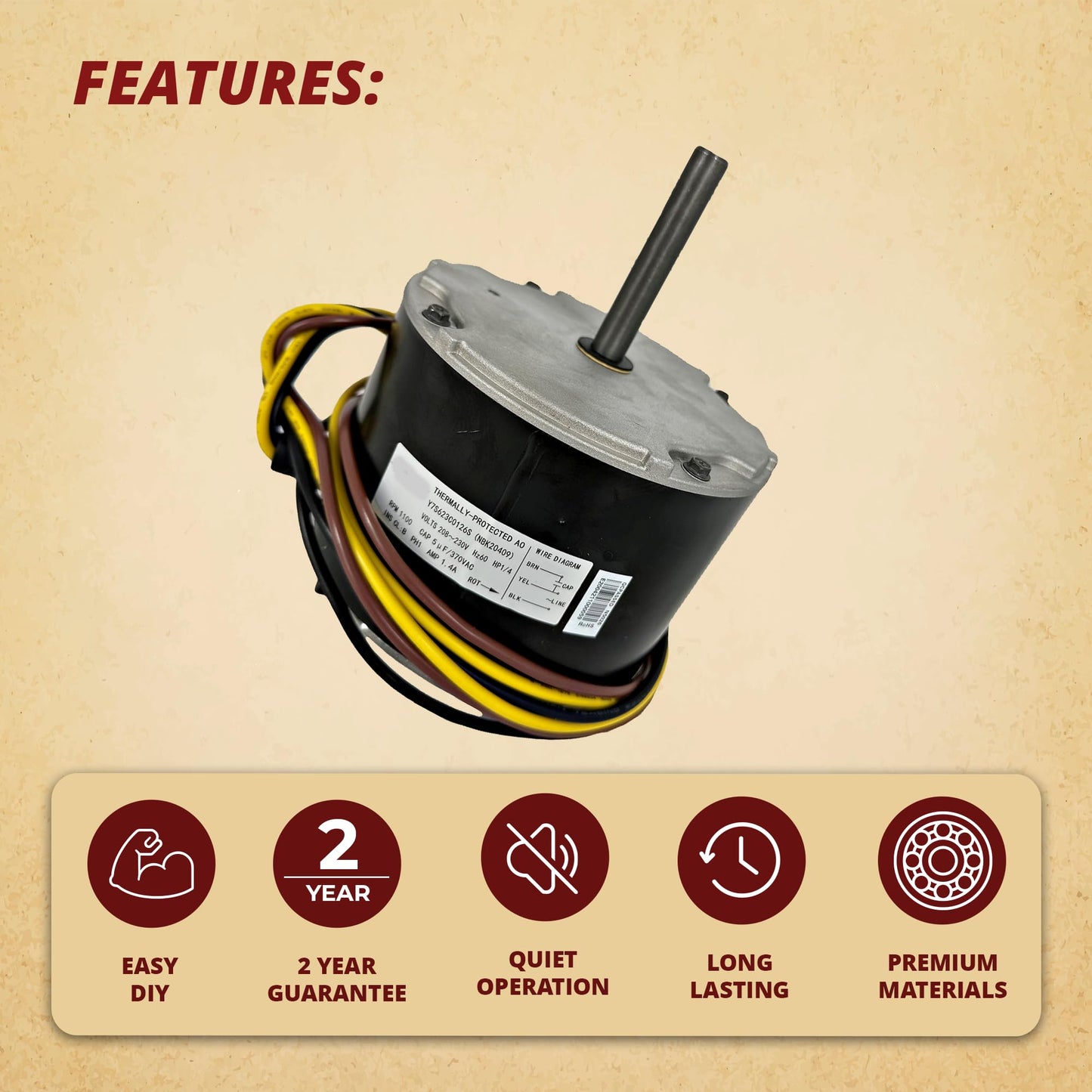 3S047 Carrier 1/4 HP, 1100 RPM, 208-230 V Condenser Fan Motor for 5KCP39FGU997AS, 5KCP39FGY563S, 5KCP39FFAB35S, HC39GE226, OEM Caliber
