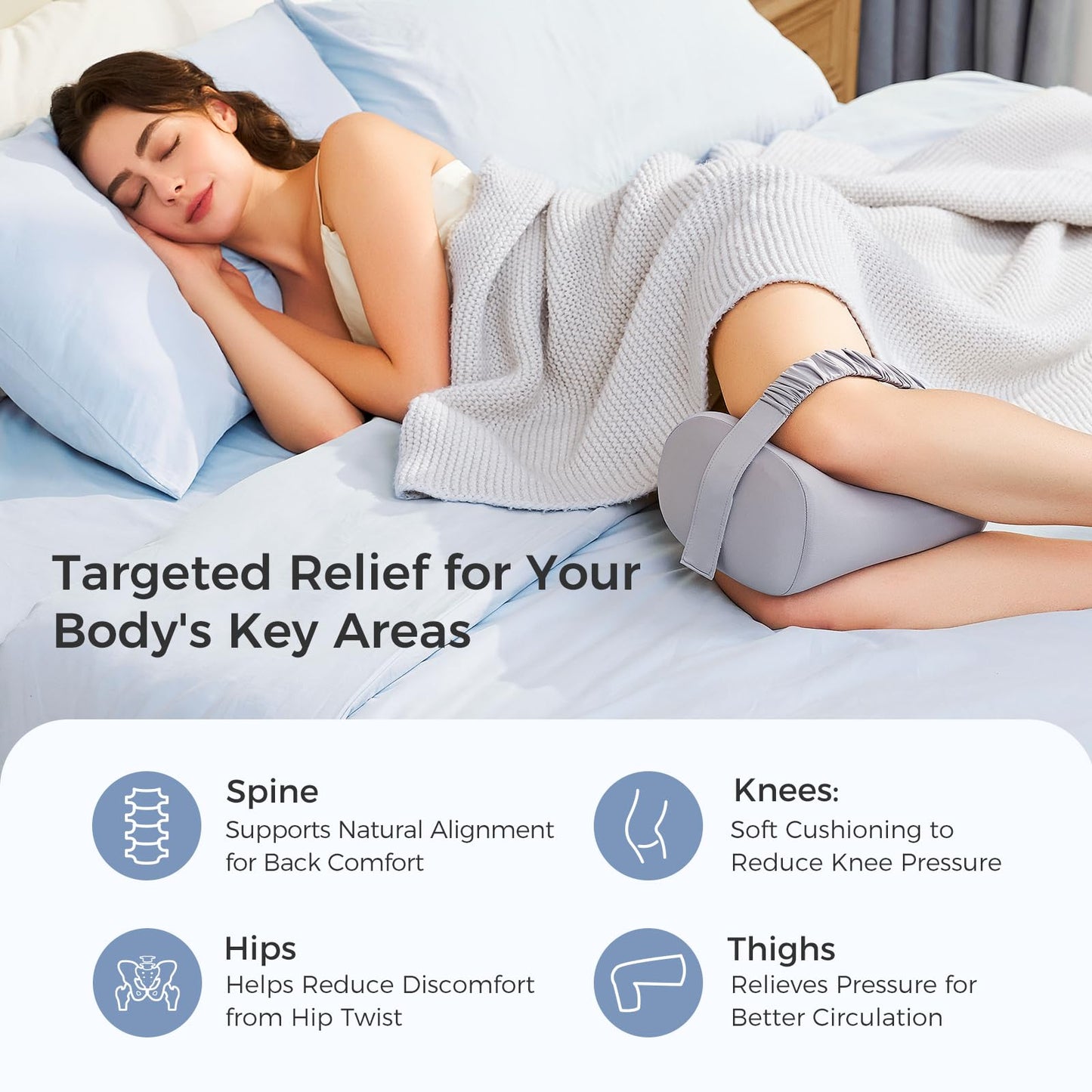 Momcozy Knee Pillow for Side Sleepers, Soft Memory Foam & Pinch-Free Design, Relieve Knee, Leg and Sciatica Pain, Adjustable Elastic Strap Ideal for Pregnant Women and Seniors, Cooling Cover, Gray