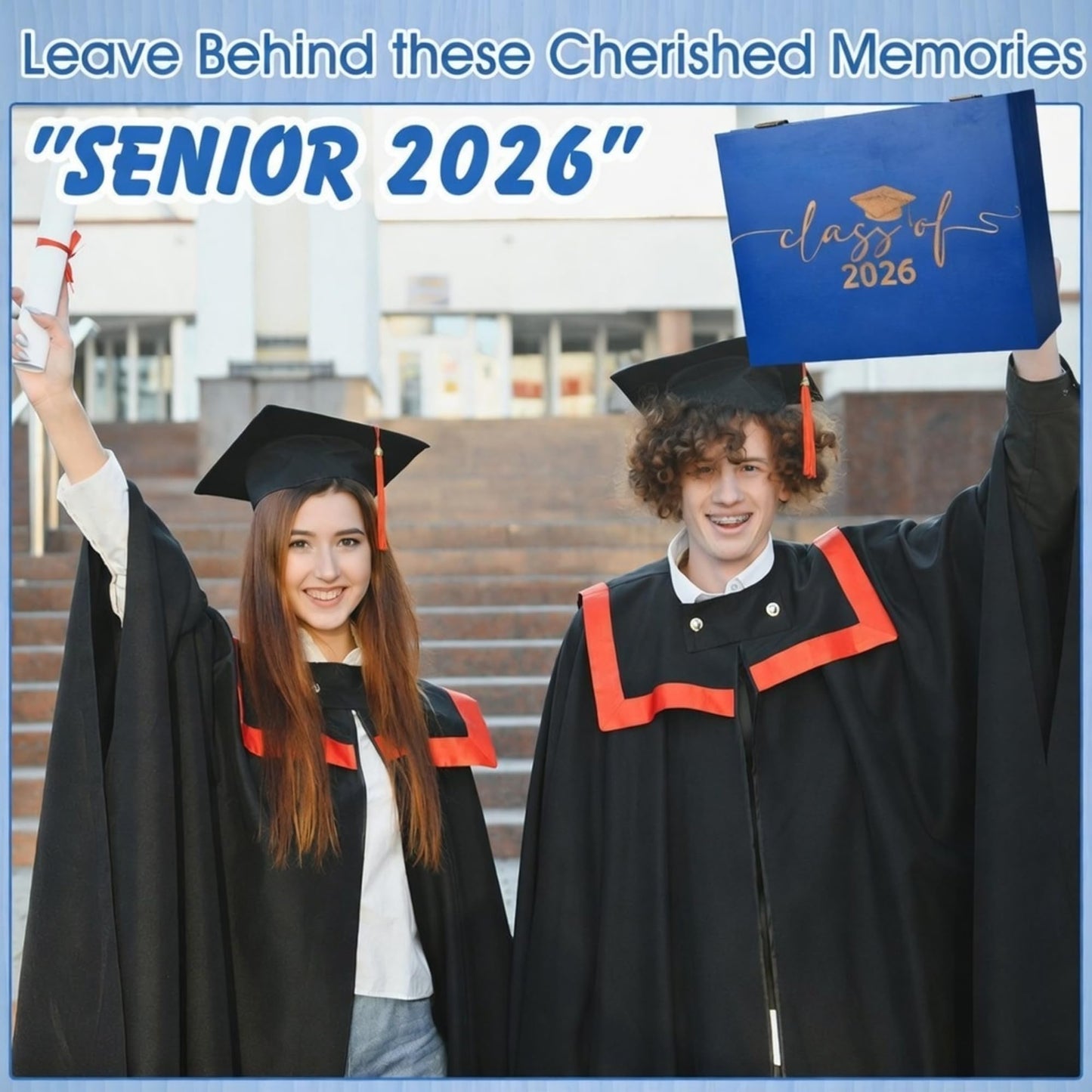 Geelin Graduation Keepsake Wooden Box Class of 2026 Graduation Cap Large Keepsake Box Graduate Wooden Engraving Memento Case for High School College Memory Gifts 13 x 10.5X 5inch(Blue)