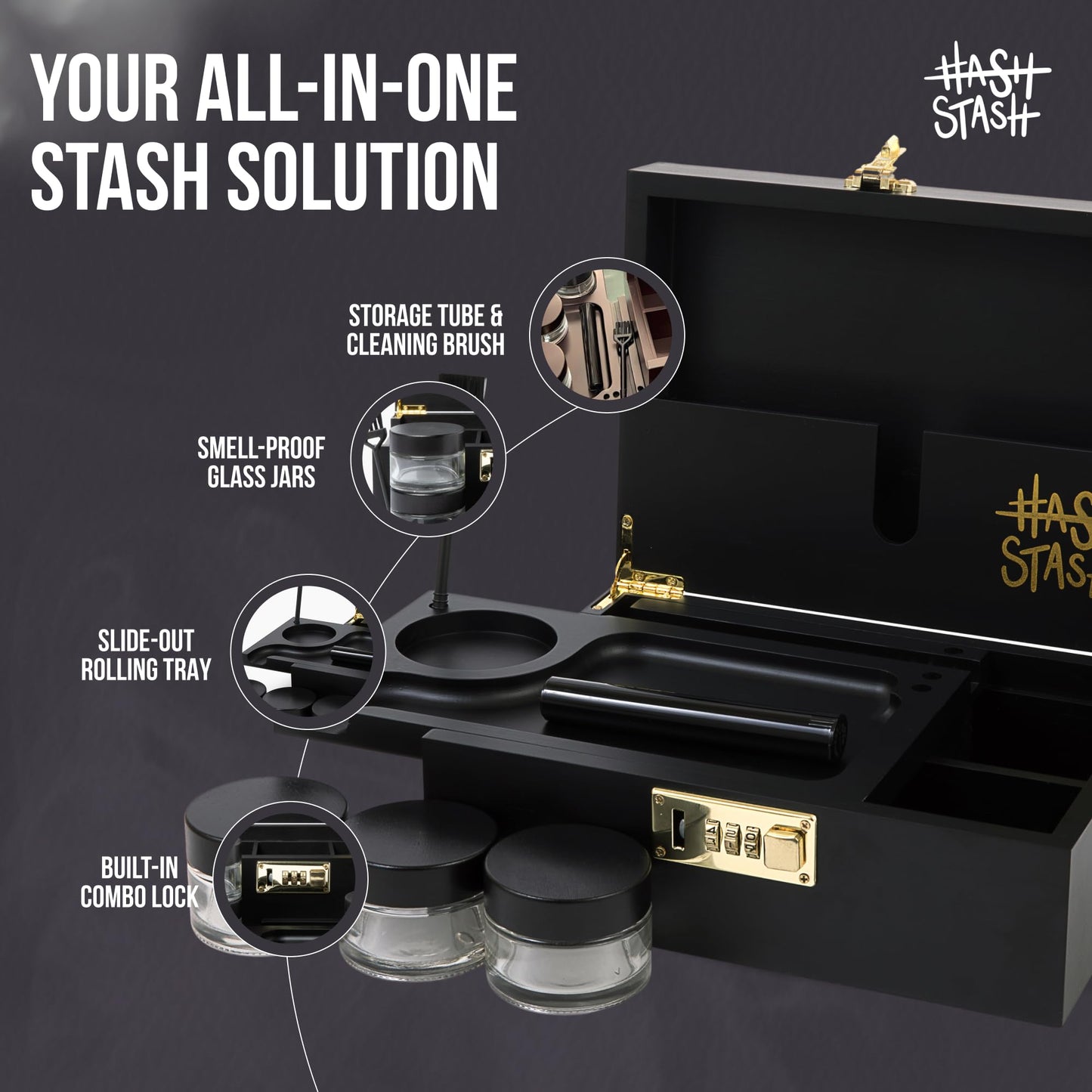 HASHSTASH The OG Storage Box - Large Bamboo Box with Combination Lock, Magnetic Lid, Organizer Tray, Airtight Tube and 3 Jars - Discreet Decorative Locking Wooden Box with Accessories (Black/Gold)