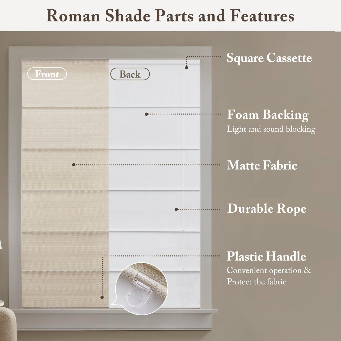 Madison Park Galen Matte Linen Cordless Roman Shades - Fabric Privacy Single Panel Darkening, Energy Efficient, Thermal Insulated Window Blind Treatment, for Home, Living Room Decor, 31" W x 64" H