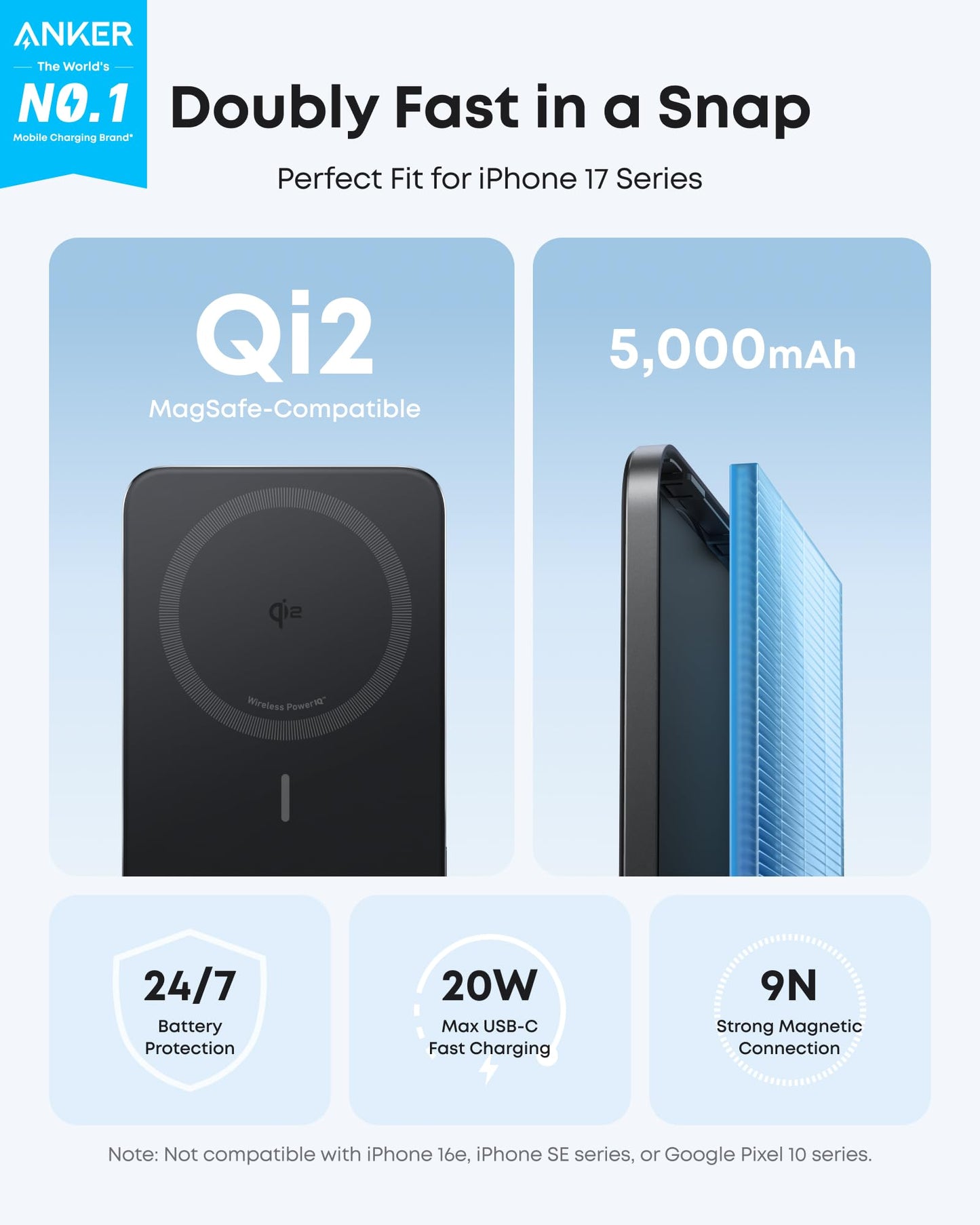 Anker Nano Power Bank, Ultra-Slim 5,000mAh Magnetic Battery Pack, Qi2 Certified 15W Max Ultra-Fast MagSafe-Compatible Portable Charger, Ergonomic Design, for iPhone Air/17/16/15 Series (Not for Pixel)