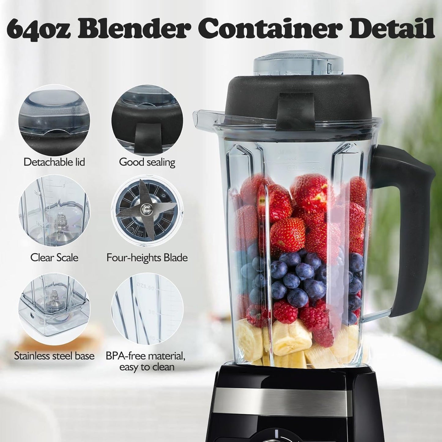 Deuovht Blender Pitcher 64oz,Replacement Pitcher for 5200 5300 6300 7500 VM0197 VM0101 VM0100 VM0103 E310 Classic Explorian Commercial Professional Series Blender Container,5 Years Warranty