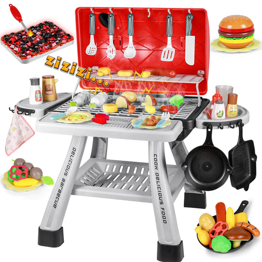 2025 Kids Play Kitchen Toy Grill BBQ Kitchen Playset Outdoor Toy with Smoke Light Outside Pretend Play Food Toys Cooking Set 2-Layer Barbecue Gifts for Toddler Boys Girls 3-5 6 7 8