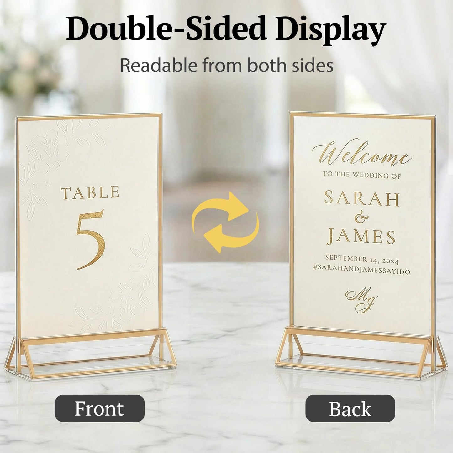 Daofary Acrylic Sign Holder 4x6, 14 Pack Double Sided Clear Gold Frame Tabletop Display, Menu Flyer Table Number Holder for Wedding Reception and Restaurant Tables