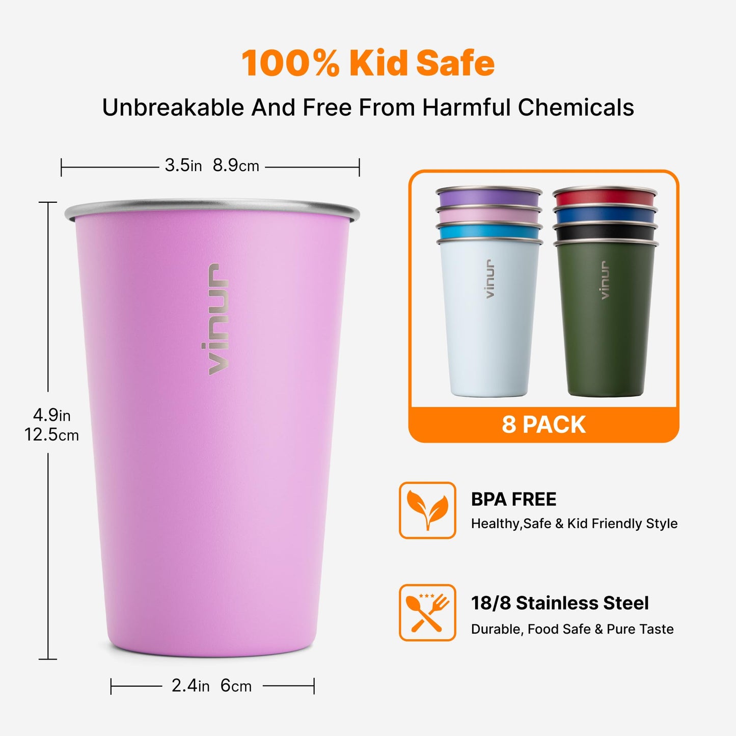 VINUR Stainless Steel Cups-8 Pack 16 oz Pint Cup Tumbler Stackable Colorful Metal Drinking Glasses for Camping, Restaurant, Bar