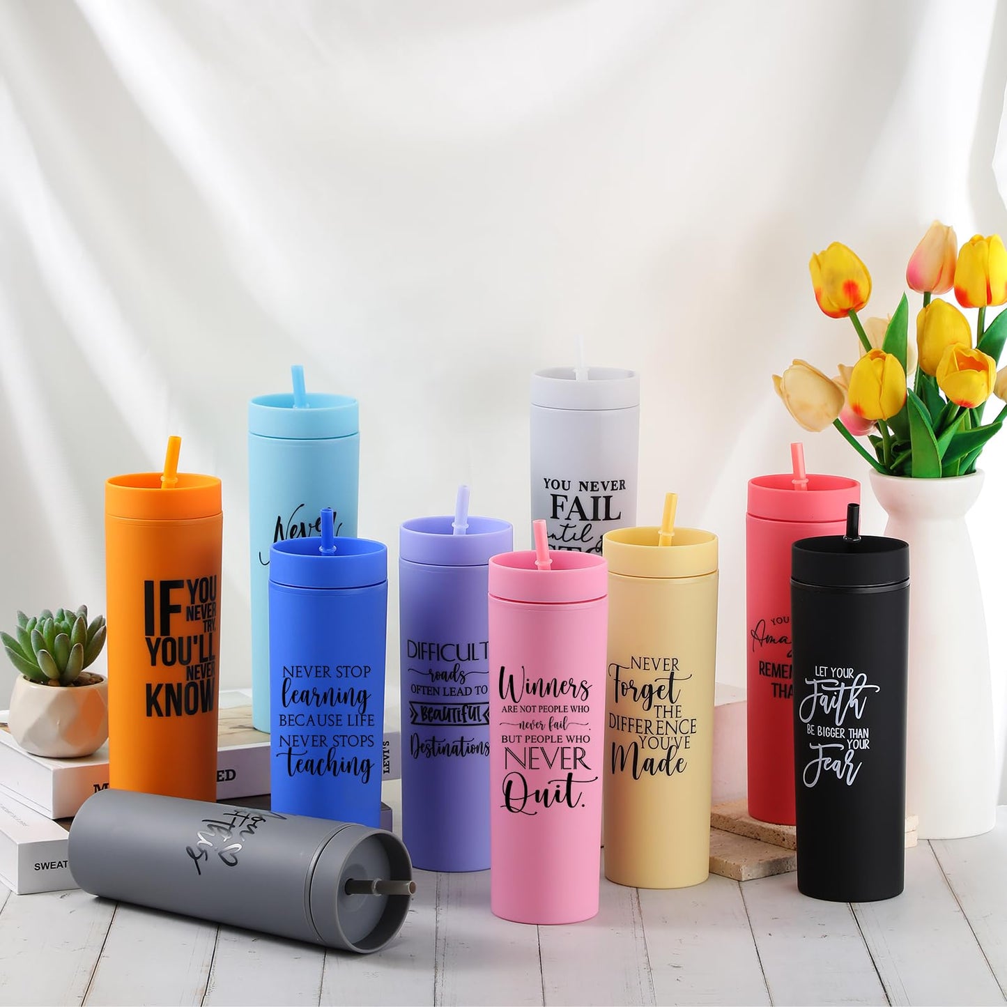 Tioncy 10 Pcs Employee Appreciation Gift Bulk Thank You Water Cup 16oz Matte Inspirational Skinny Tumbler with Lid and Straw for Team Housekeeping Gift Teacher Back to School Nurse(Charming)
