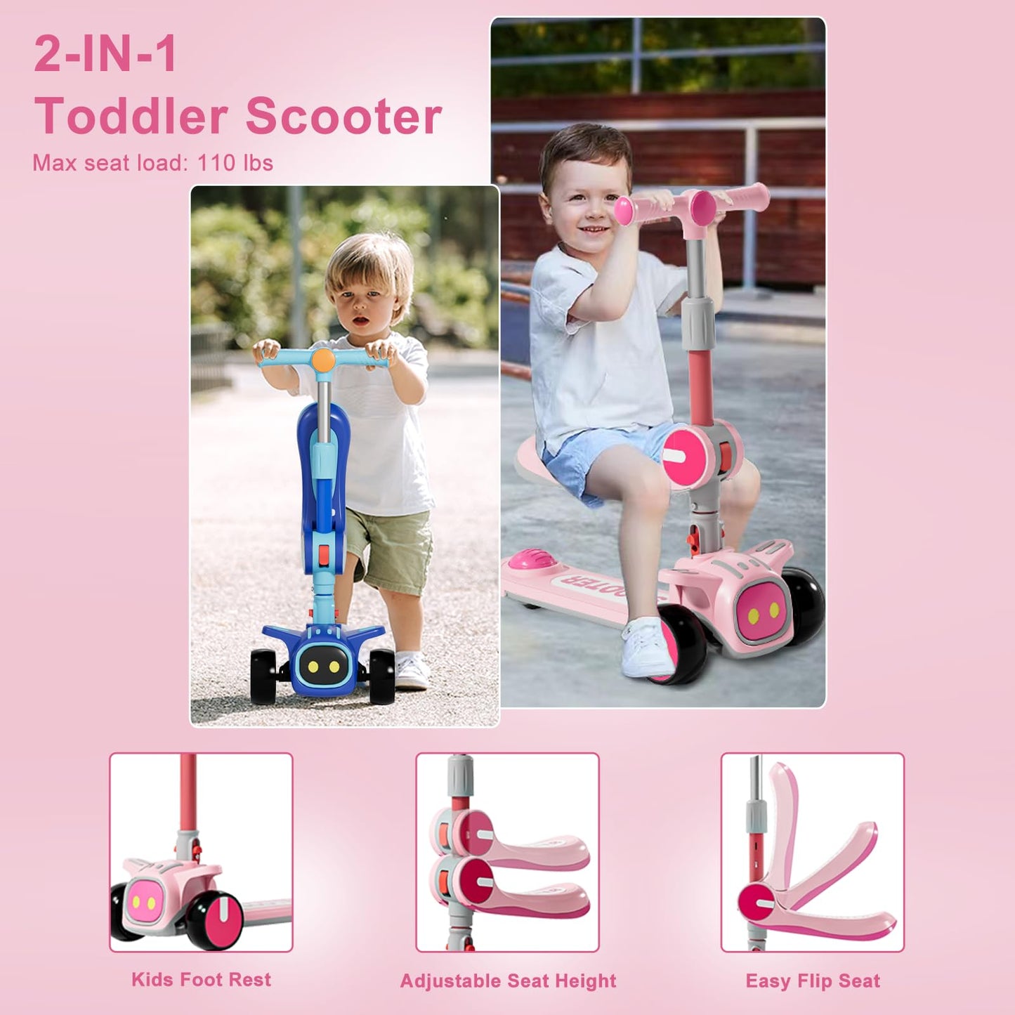 3 Wheel Scooter for Kids - Foldable & Unbreakable, 2-in-1 Kick Scooter with Music and Lights, Adjustable Height, Wide Deck, Flashing Wheel Lights, Easy for Beginner Toddlers Aged 3-8