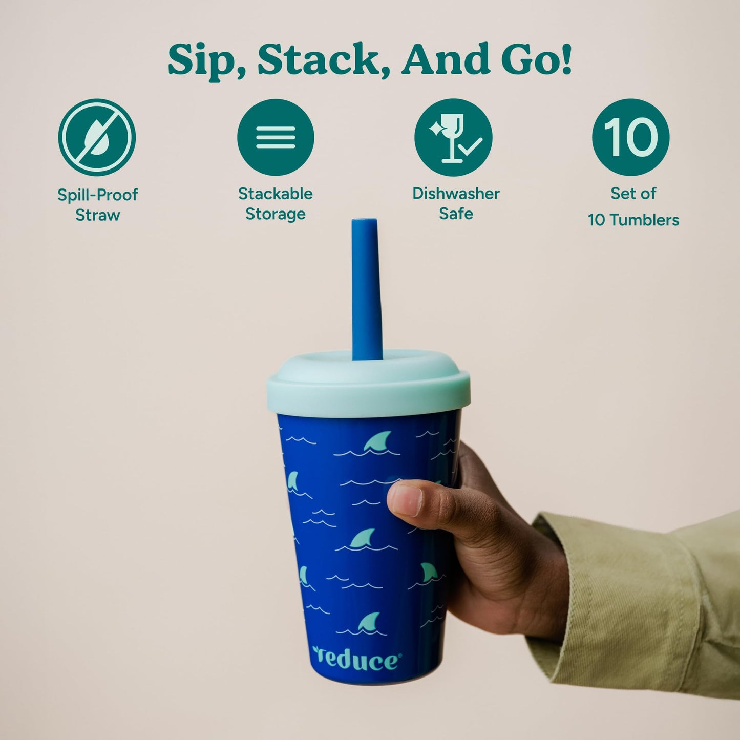 REDUCE GoGo's Kids Portable Tumbler Cups with Lids and Spill-Proof Straws - 10 Pack of Stackable 12 oz Tumblers with Twist-On Lids - Easy Storage, Dishwasher Safe - Club House