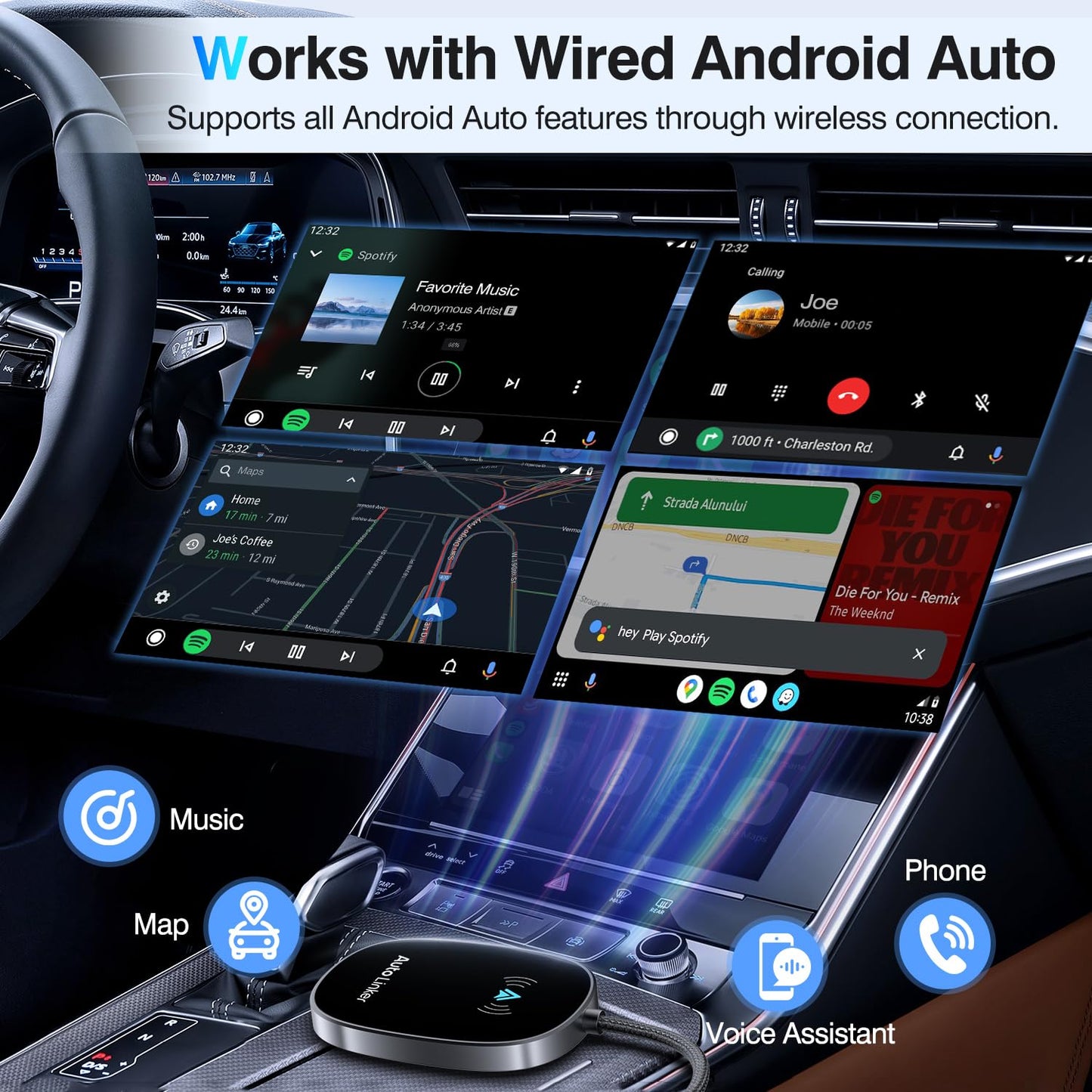 Android Auto Wireless Adapter for Cars with Built-in Wired Android Auto Easy Setup Support NFC Pair Fast Seamless Connection Stable Plug and Play Wireless Android Auto Car Adapter Dongle (Black)