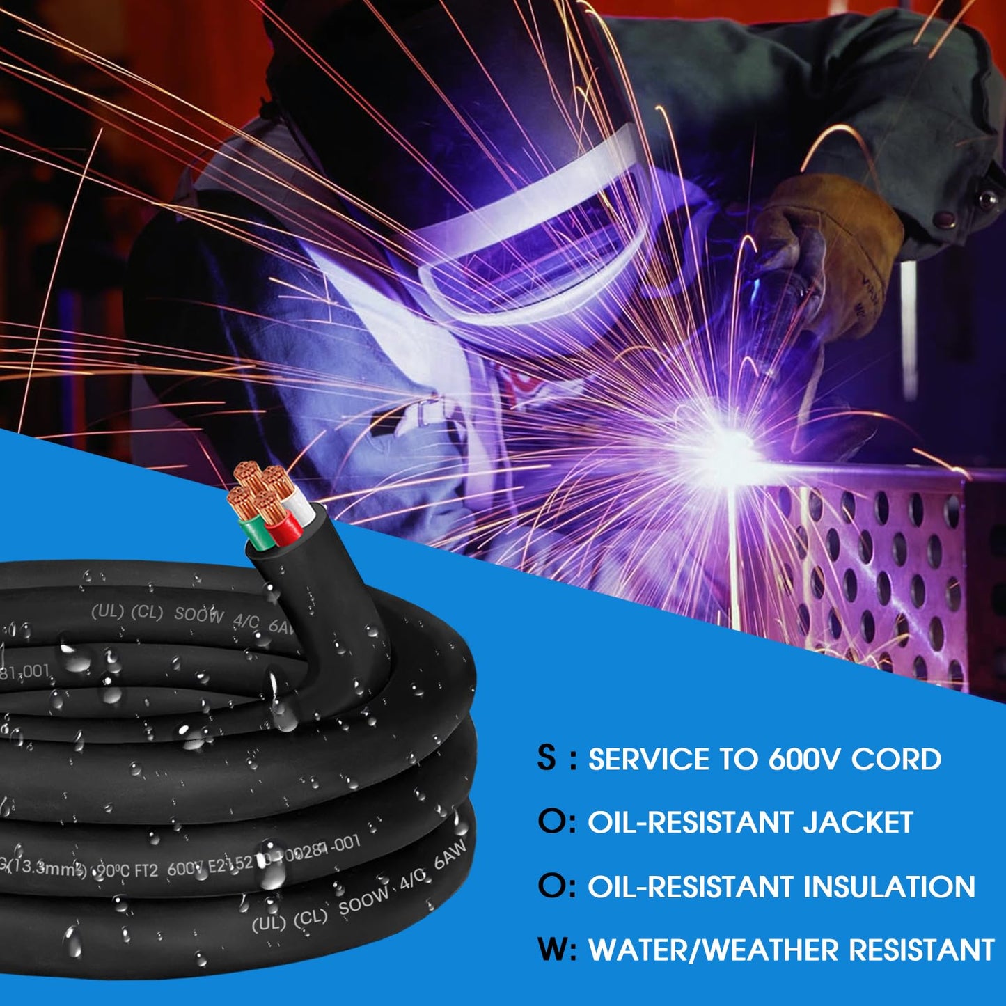 6ft 6/4 AWG SOOW Wire,6 Gauge SOOW Portable Power Cable 4 Conductor 600V 6/4 6 Gauge Electric Wire Extension Cord for Motor Lead,Generator,Welder,NEMA 14-50 RV Outlet Box,EV Car Battery Charger