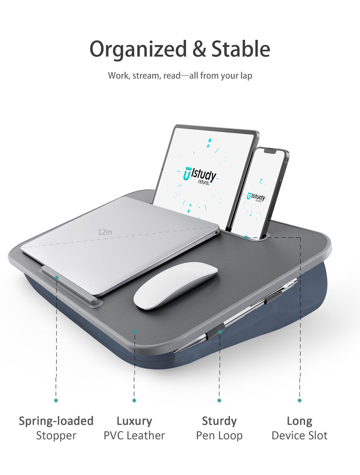 Istudyniture Lap Desk with Washable Cushion – Fits up to 17-Inch Laptops – Portable Laptop Desk & Stand – Bed desks & Tray for Writing, Reading, Working, Gaming on Bed, Couch, Floor – Large, Grey