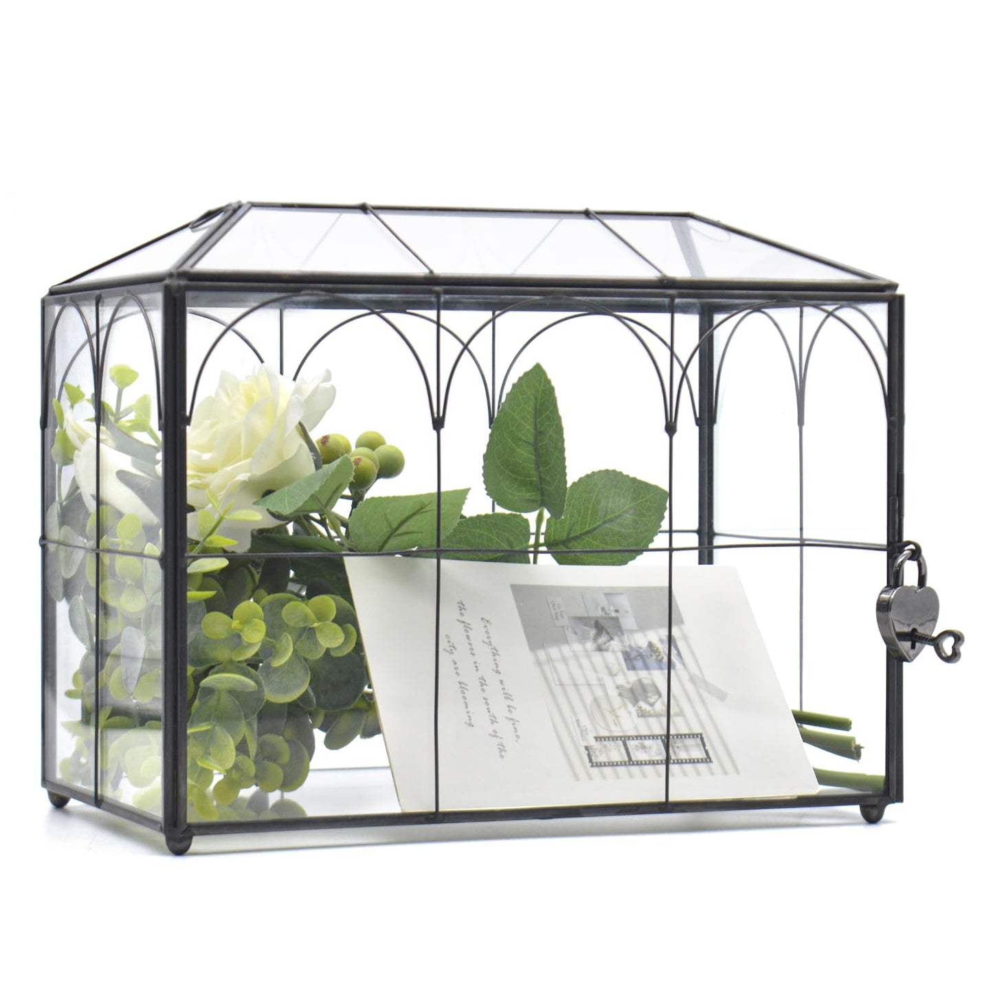 Gimotar Large Black Glass Card Box with Lock and Slot - Wedding Envelope Card Holder for Reception - Clear Lock Box with Key - Geometric Handmade Vintage Card Box for Wedding Party (Medium-Black)