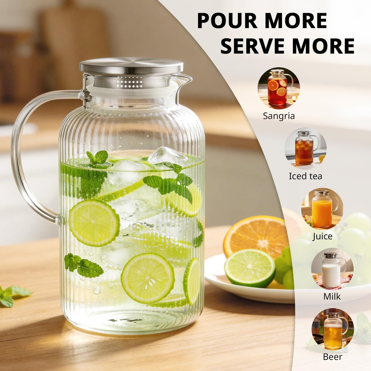 Bivvclaz 1 Gallon Glass Pitcher with Lid and Handle, Stripes Water Pitcher for Fridge, Borosilicate Glass Carafe for Hot/Cold Drink, Extra Large Jug for Iced Tea, Coffee, Juice, Homemade Beverage