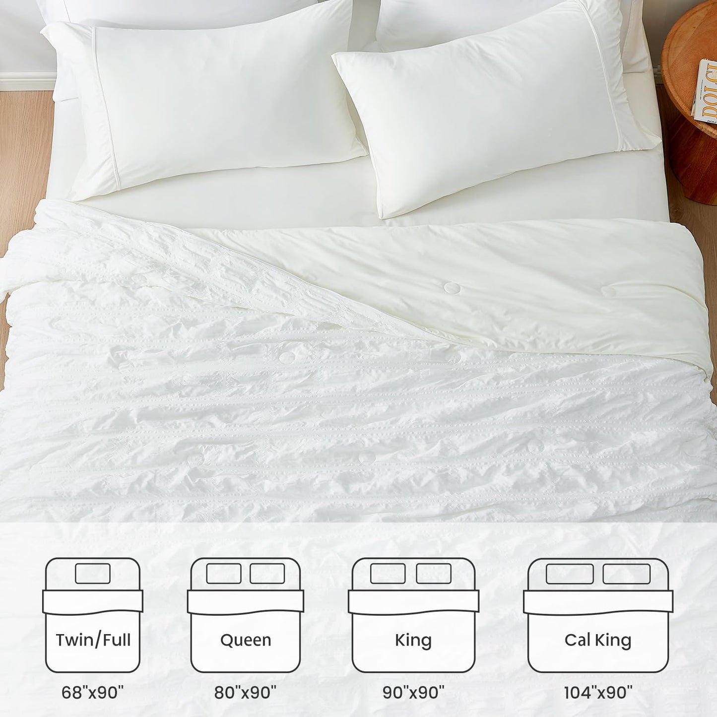 Cozy Bliss Cooling Comforter Queen Size Seersucker Plaid, Q-Max 0.4 Reversible Lightweight Cooling Blanket, Breathable Silk Smooth Summer Bedding Quilt for Hot Sleepers Night Sweats White