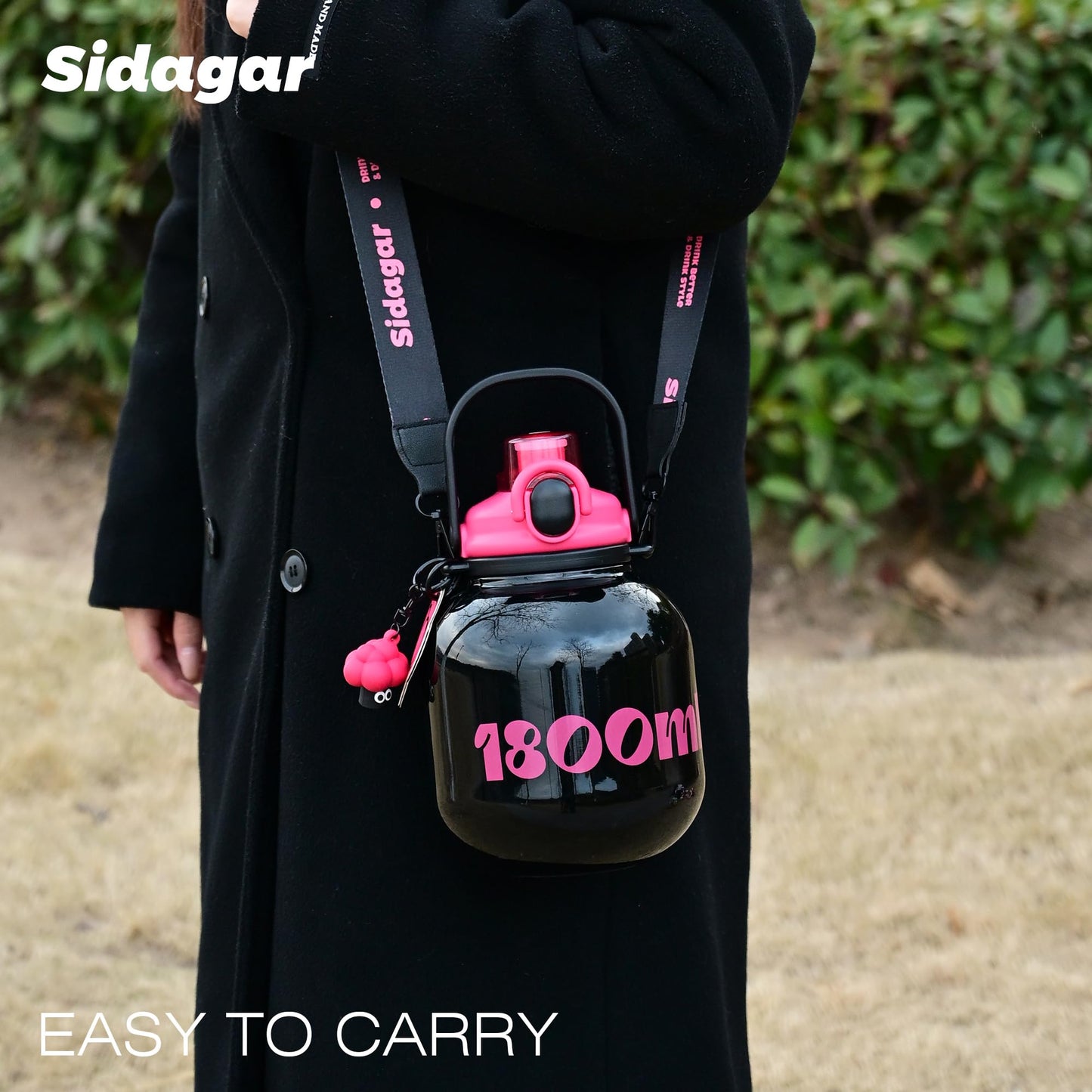 Sidagar 60 oz Big Gallon Water Bottle with Straw and Carry Handle, Black Wide Mouth Vacuum Water Jug, Insulated Stainless Steel Bottles; Heavy-Duty Aesthetic Yoga Flask for Women, Sweet & Cool Black