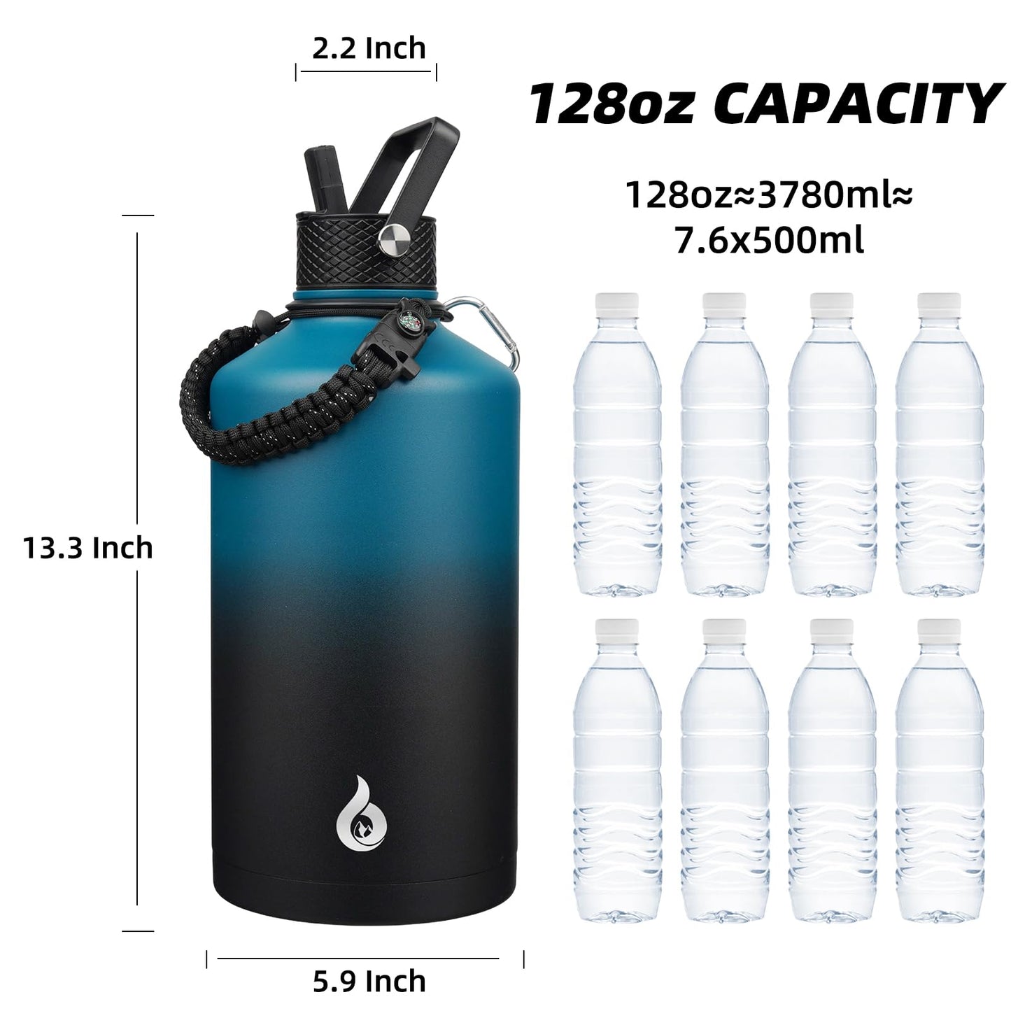 BJPKPK 1 Gallon Water Bottle with Straw Lid, 128oz Large, Stainless Steel Water Bottles with 3 Lids and Paracord Strap, Double Wall Vacuum Metal Water Jug, Blue & Black