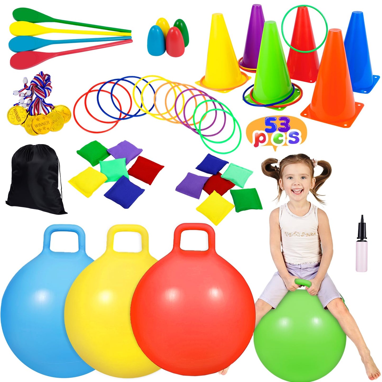 CWLAKON Outdoor Carnival Games 53Pcs, Hopper Balls for Kids, Soft Plastic Cones Bean Bags Ring Toss Game, Egg Spoon Relay Race, Outside Lawn Yard Backyard Field Day Birthday Party Family Reunion Game