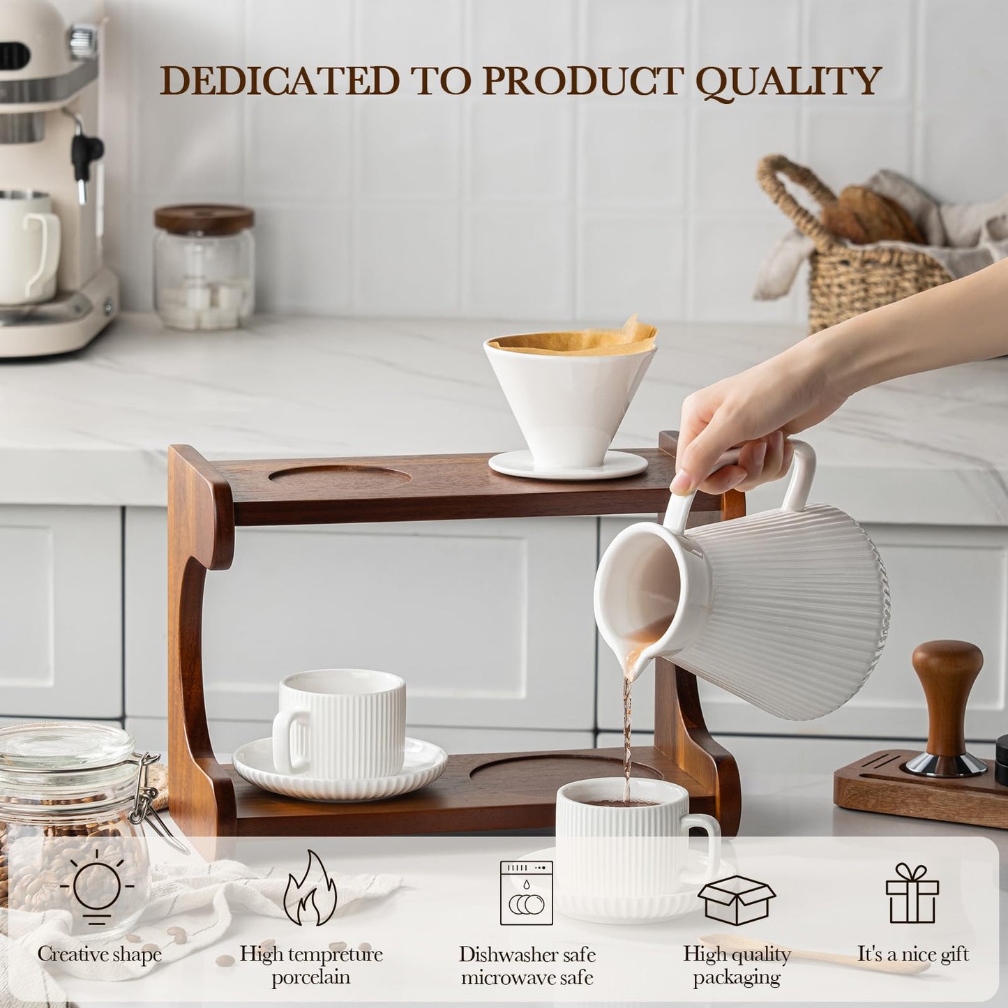 AYUCIA Pour Over Coffee Maker Set, 22OZ Ceramic Pour Over Coffee Dripper with Acacia Wood Stand and 5OZ Cups and Saucers Set of 2, Size 02