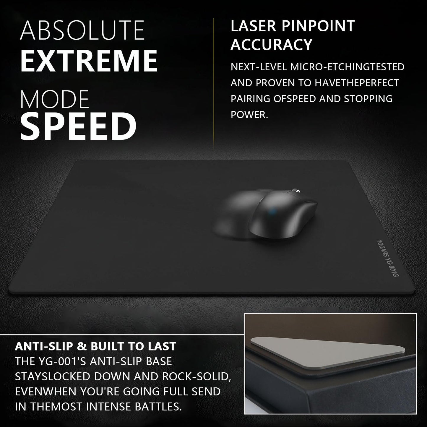 YOGARS Glass Gaming Mouse Pad, 19.7"x15.7" Large Glass Hard Mousepad for Esports, Ultra-Smooth Micro-Etched Surface Speed & Control, with Anti-Slip Base, Easy Clean Scratch Resistant (Black)