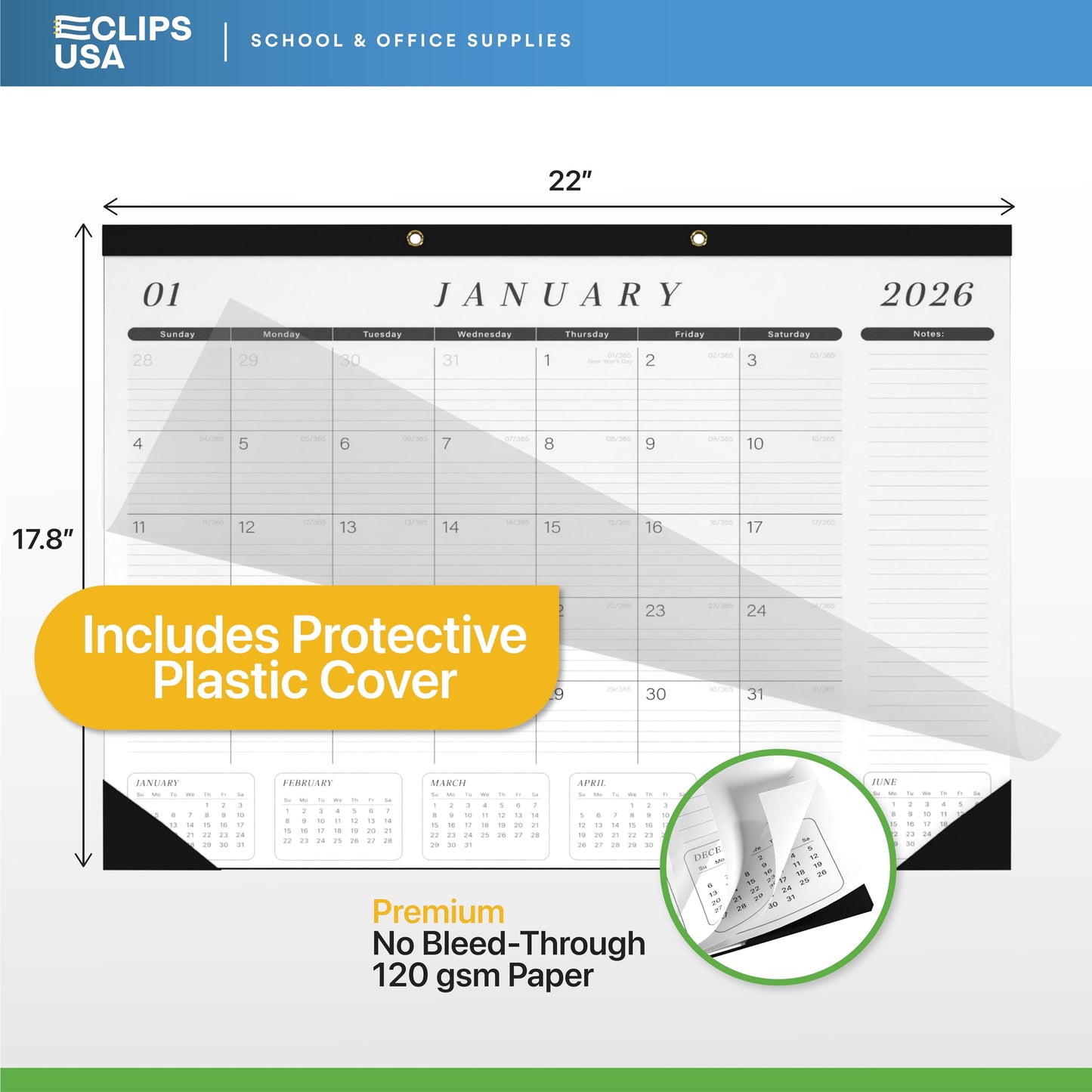 Desk Calendar 2026-2027 Large 22x17 Desk Calendar Jan 2026 - Jun 2027 Desk Blotter To-do List Planner (Black & White 6 Pack)