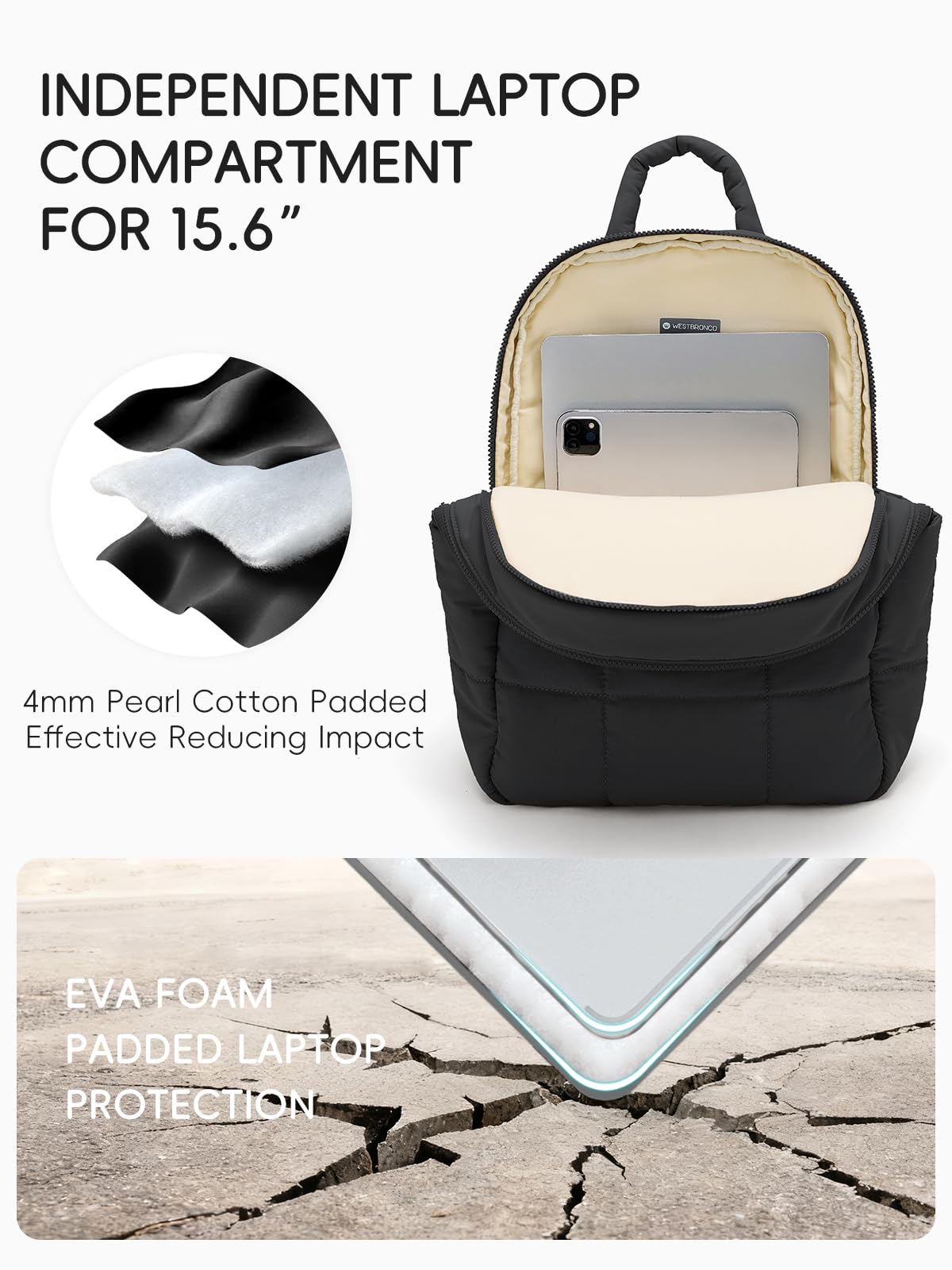 WESTBRONCO Puffer Laptop Backpack for Women Travel Backpack for Women Airplane Approved Backpack with 16'' Laptop Compartment