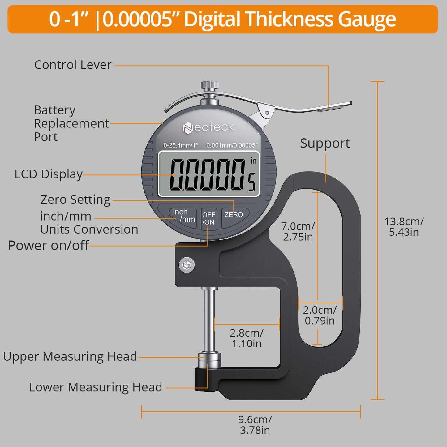 Neoteck Digital Thickness Gauge 1 inch/25.4mm, 0.00005"/ 0.001mm, Thickness Meter Precise Electronic Micrometer with LCD Display