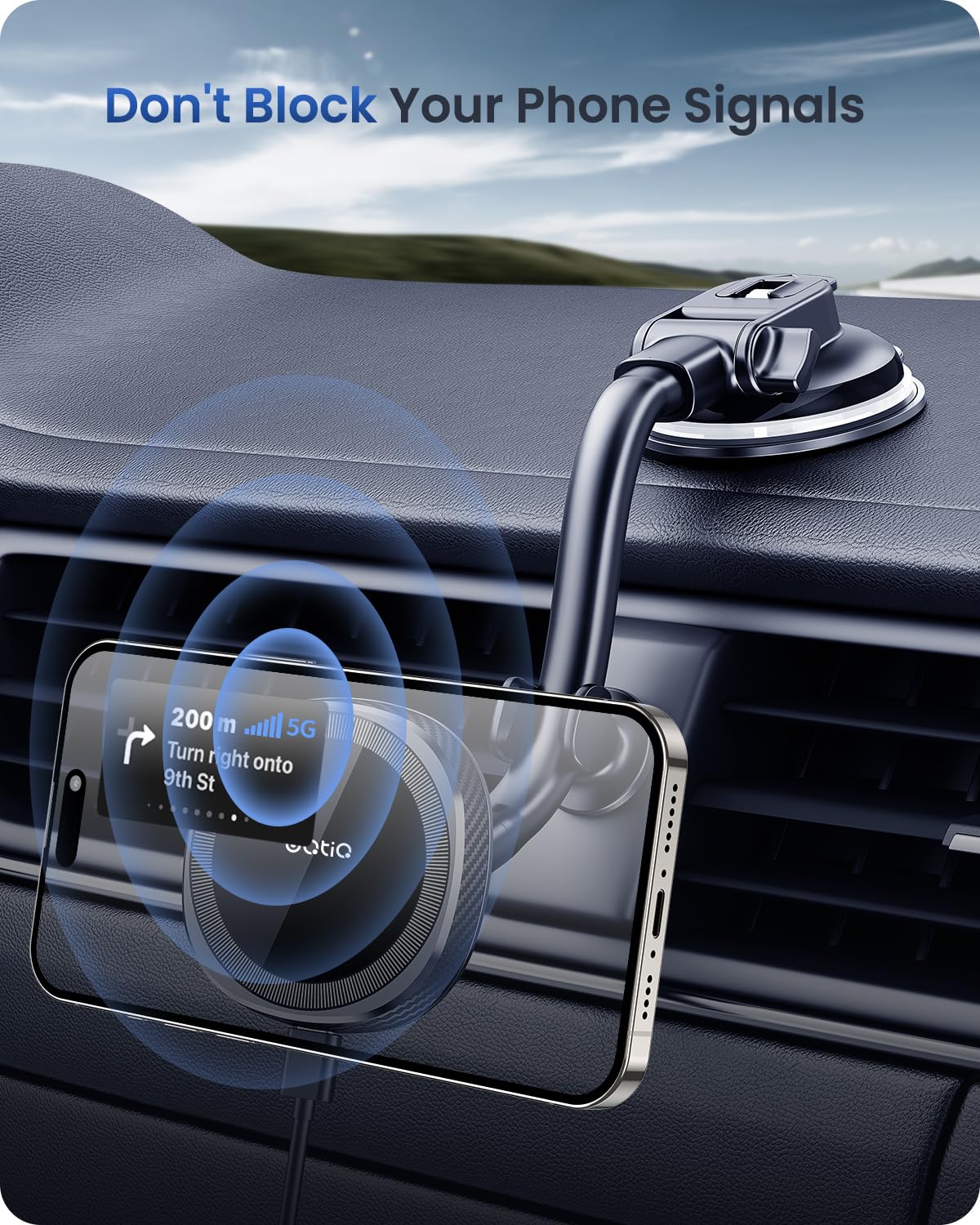 OQTIQ for MagSafe Car Charger, Magnetic Wireless Car Charger Compatible with iPhone 16 15 14 13 12 Series, 15W Fast Charging Car Phone Mount for Windshield Dashboard Air Vent [with QC 3.0 Adaptor]