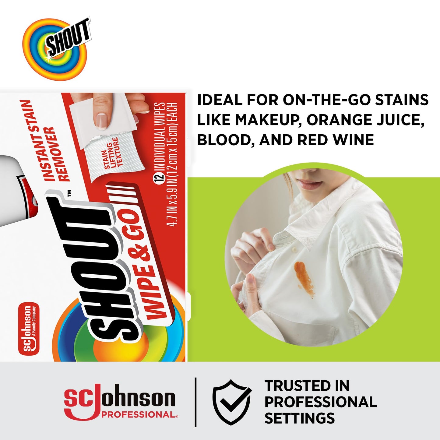 SC Johnson Professional Shout Wipe & Go Instant Stain Remover Wipe, 12 Each, 12 Count, 144 Total Wipes