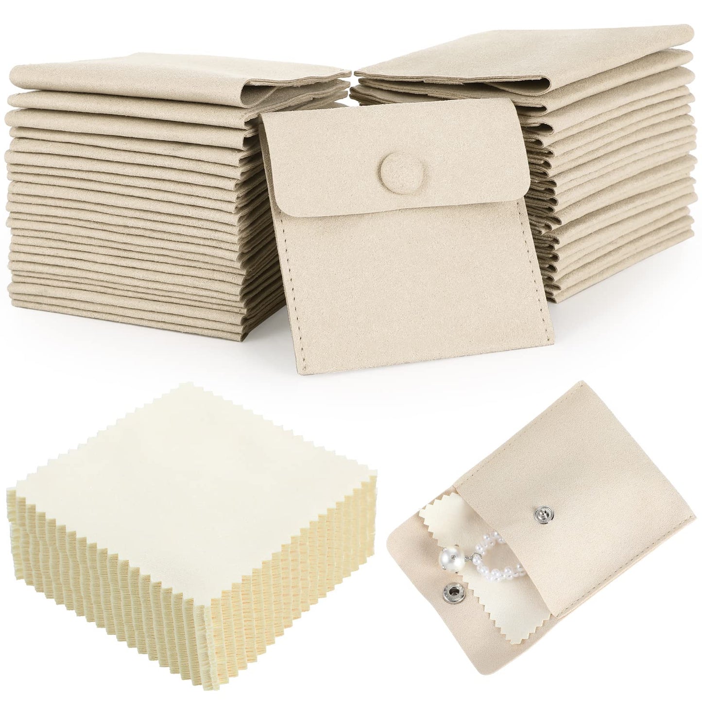 Cunno 120 Pack Microfiber Jewelry Pouch with Cleaning Cloth 3.2"x3.2" Jewelry Packaging Bag with Snap Button Bags(Beige)