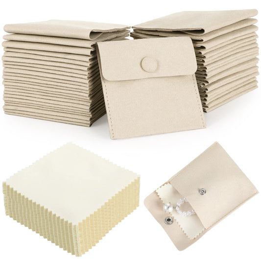 Cunno 120 Pack Microfiber Jewelry Pouch with Cleaning Cloth 3.2"x3.2" Jewelry Packaging Bag with Snap Button Bags(Beige)