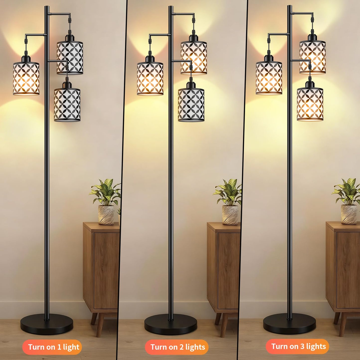GHOOCEMLUX Dimmable Floor Lamp, Farmhouse Standing Lamp with Elegant Metal Cage, Industrial Tall Tree Floor Lamps for Living Room, Bedroom, Study Room, Office, 3 x 800LM LED Bulbs Included, 72", Black