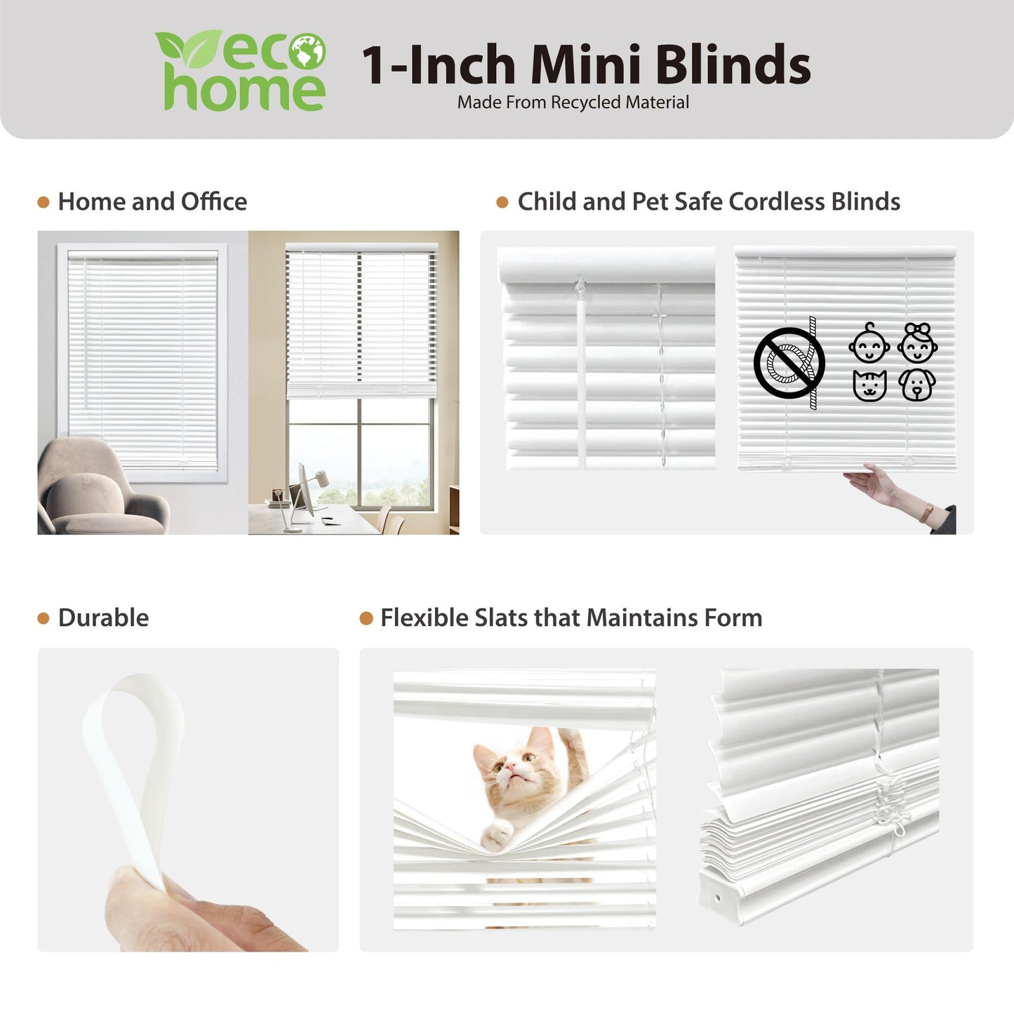 DEZ FURNISHINGS Cordless 1" Mini Blind with Flexible Slats, 48" W x 64" H, Pearl White