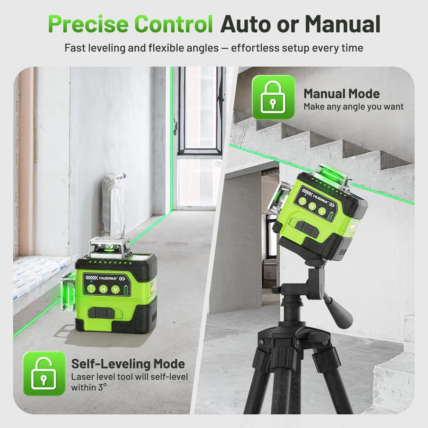 Huepar Laser Level with Digital Angle Screen, 3 x 360° Self Leveling High Brightness 12 Green Cross Line Laser for Construction and Picture Hanging, 4000 mAh Rechargeable Battery & Hard Carry Case