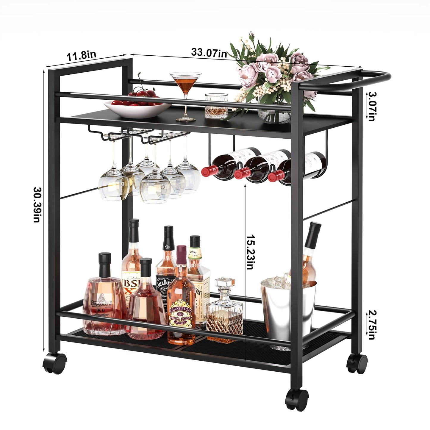 Joaxswe Bar Cart,Home Bar Serving Cart with Storage Shelves, 2 Tier Rolling Beverage Cart with Wheels, Modern Wine Cart with Wine Rack and Glass Holder for Kitchen, Living Room,Dinning Room,Black